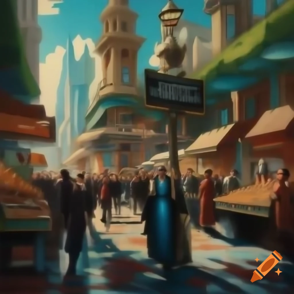 Vibrant oil painting of urban life in Baroque style at grand city intersection