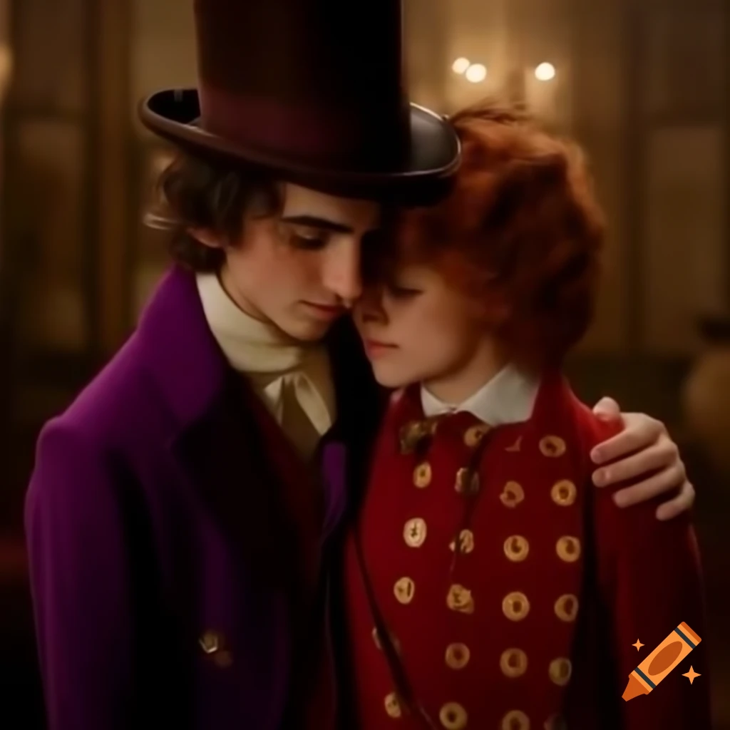 Willy Wonka character hugging a woman in emotional scene from 'Wonka' movie