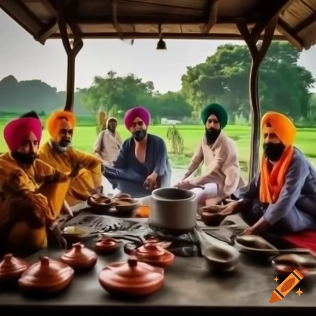 Traditional Punjabi gathering with men cooking chicken on rustic chulha near well