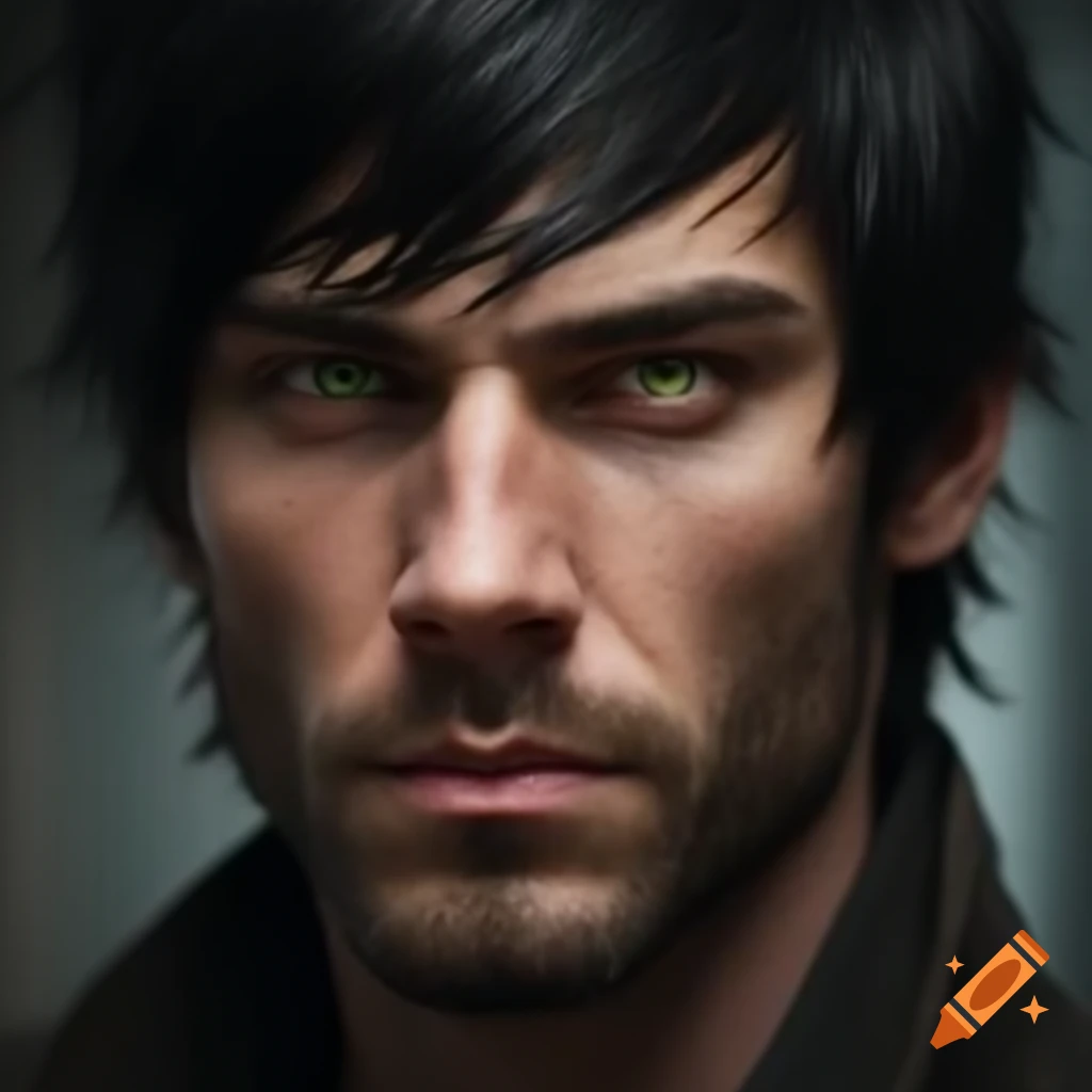 Realistic portrait of a man with black hair and green eyes