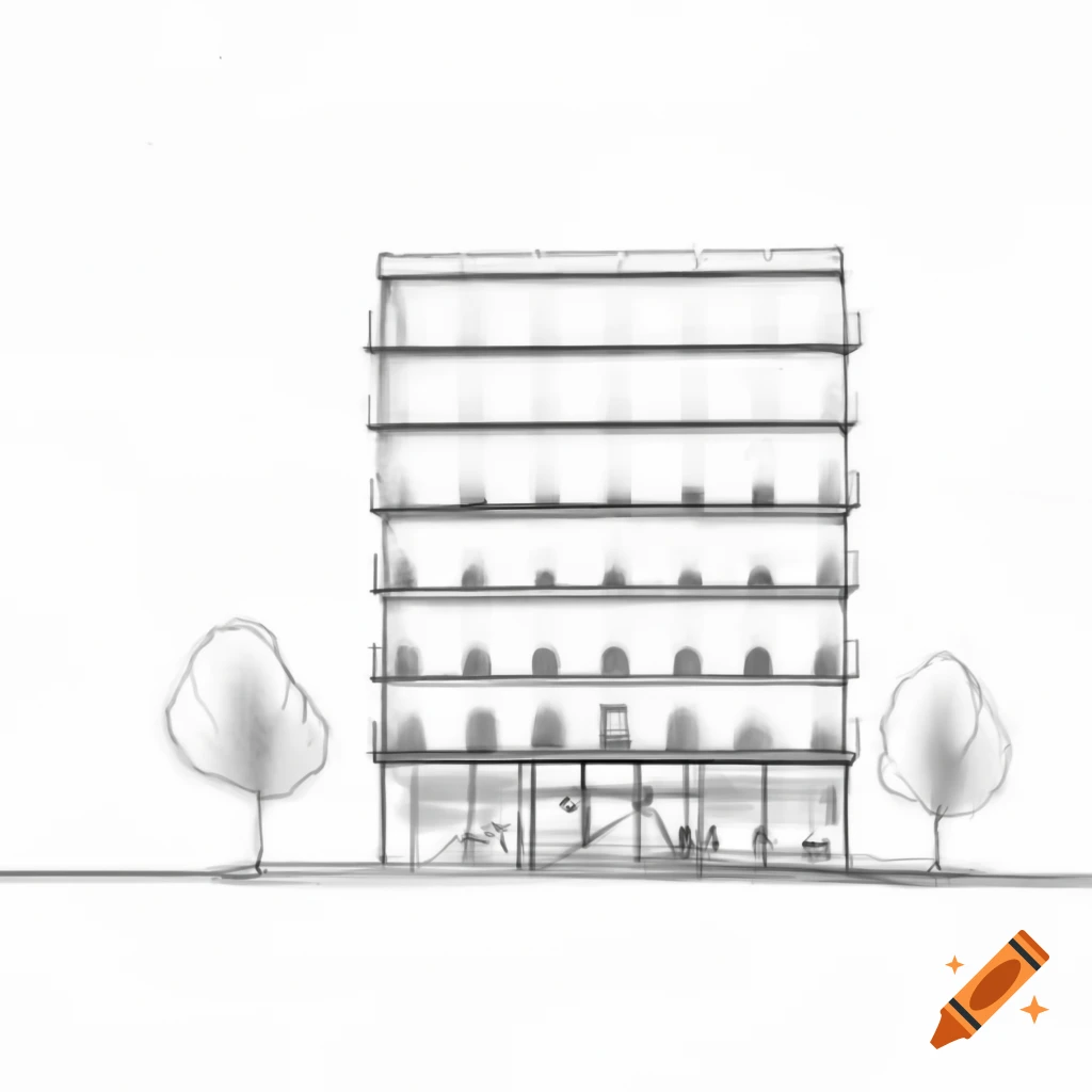 Pencil drawing of ground floor cafe in axonometric view, architectural sketch