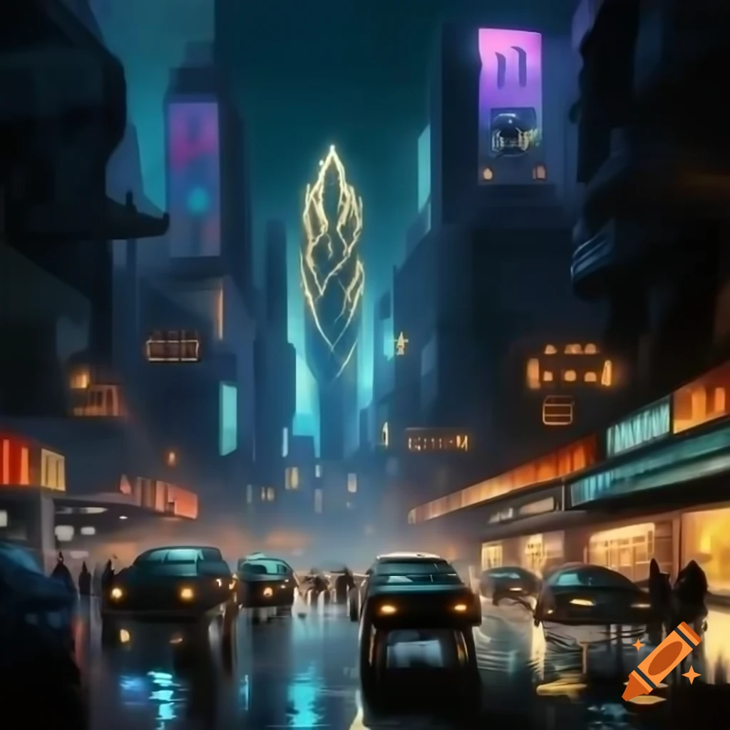 Bustling cyberpunk cityscape with Byzantine mosaics and neon lights