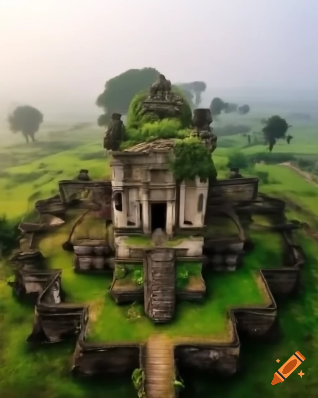 Ancient abandoned temple in rural village, surrounded by overgrown trees and fog