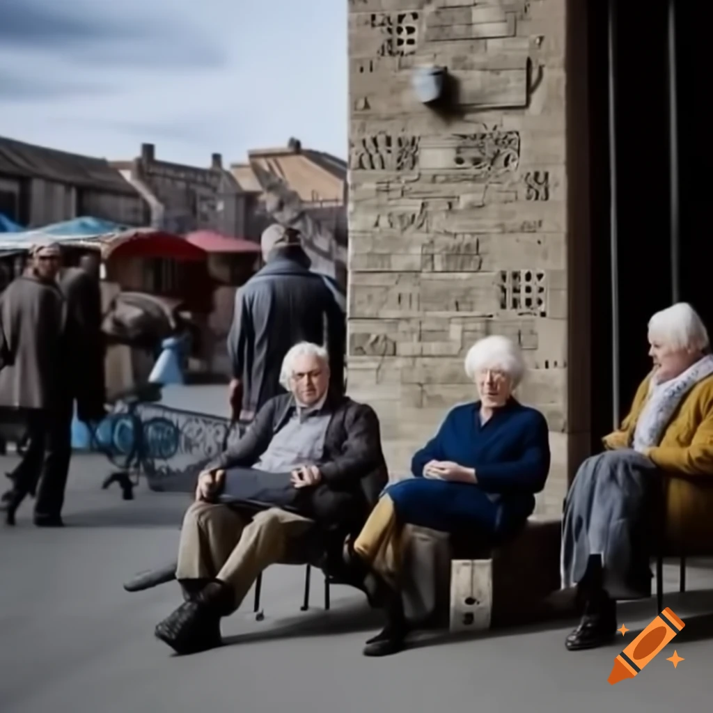 Elderly people chatting happily in village square market