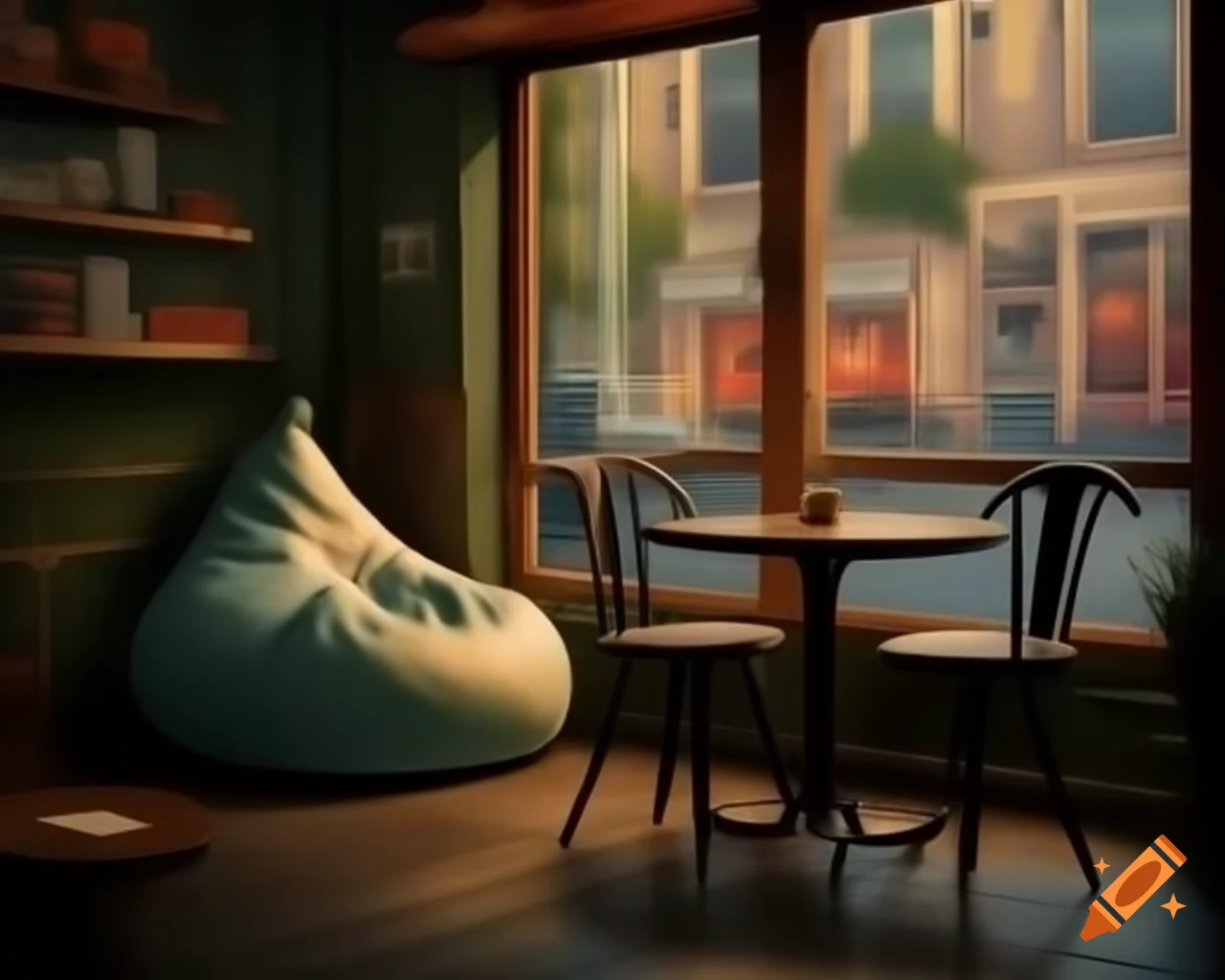 Cozy café interior featuring a beanbag chair