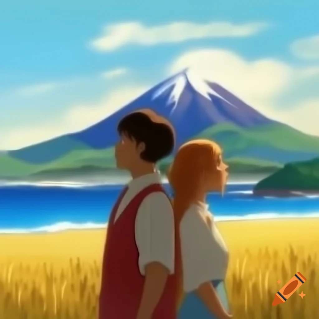 Boyfriend and girlfriend in Hayao Miyazaki styled painting with mountains and ocean