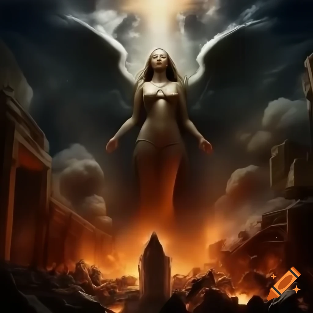 Aftermath of Dream War with smoke, ruins, and mythological creatures
