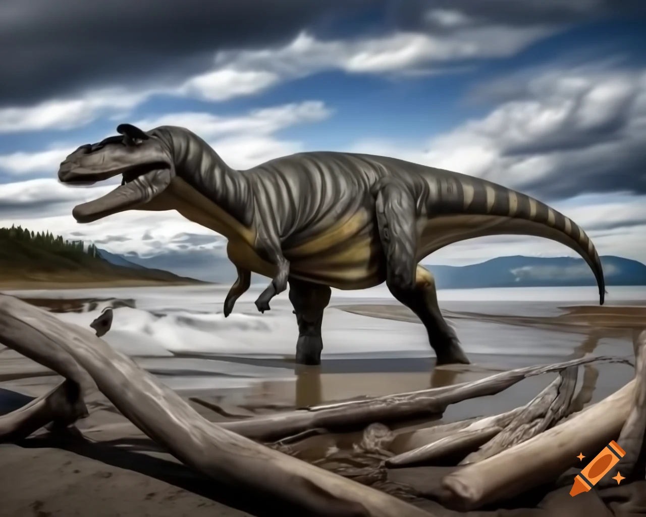 Allosaurus walking along puddly coast with sandy ripples and driftwood, British Columbia