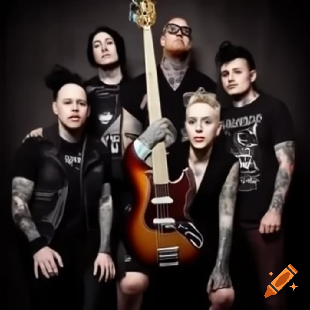 Pop punk band performance featuring tattooed musicians and a female bassist