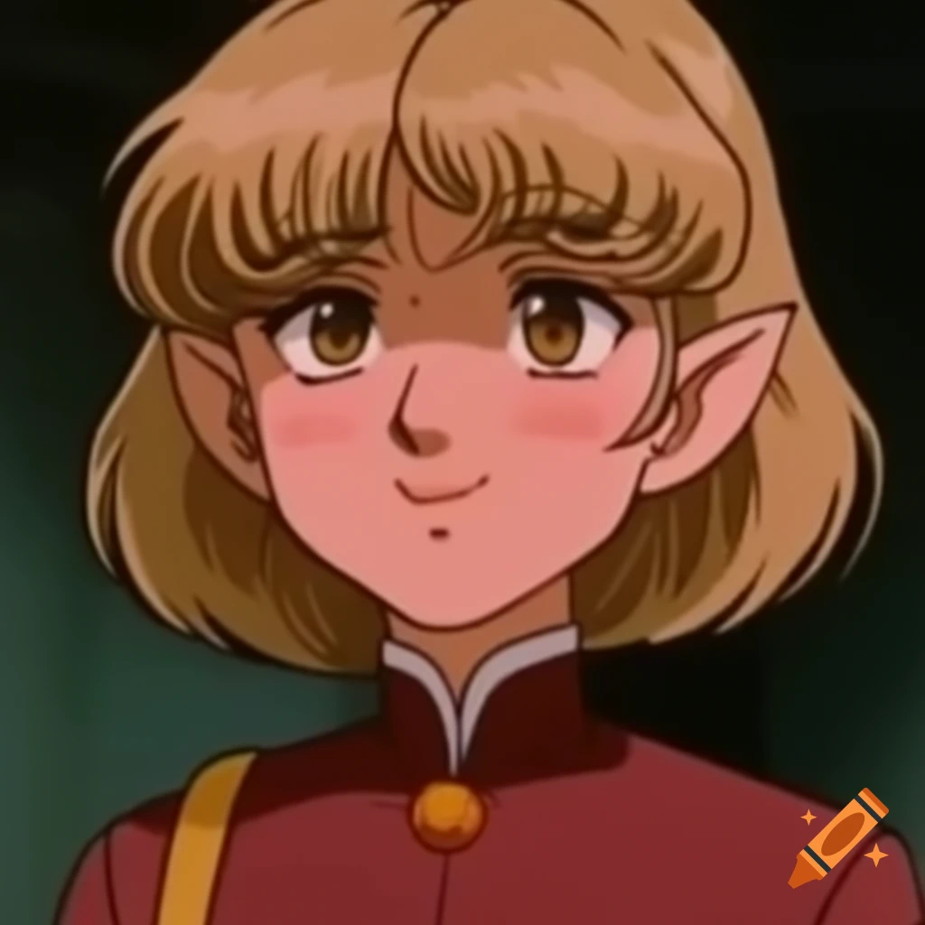 Anime character of a 21-year-old woman with fluffy light brown hair and pointed elf ears
