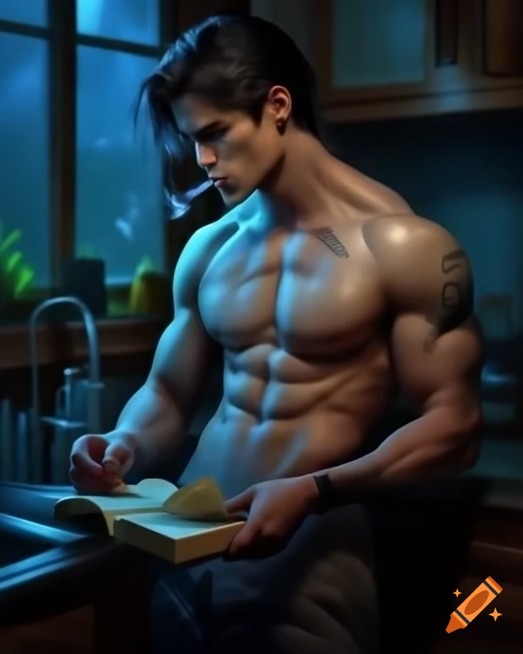 Man with tattoos reading in kitchen during rain, cinematic lighting, comic art style