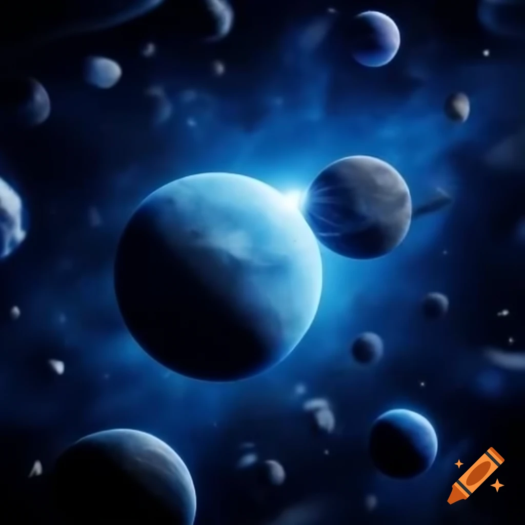 Blue planet in space surrounded by various spaceships