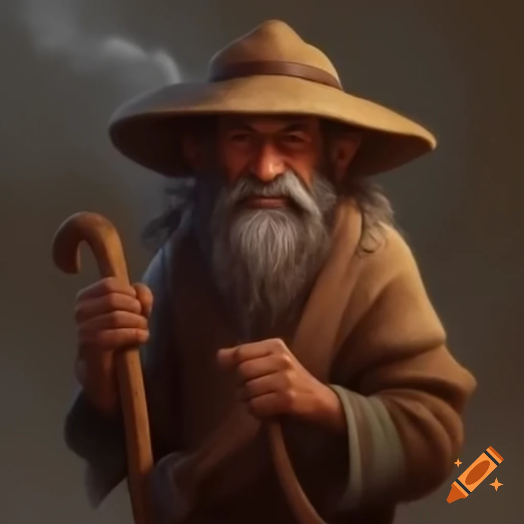 Withered peasant man holding a cane