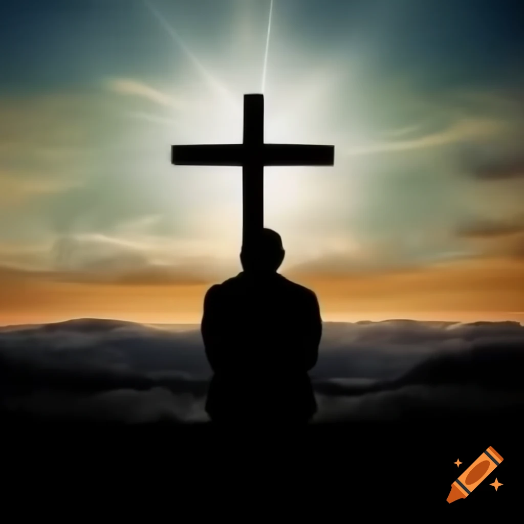 Silhouette of man kneeling before cross at sunset