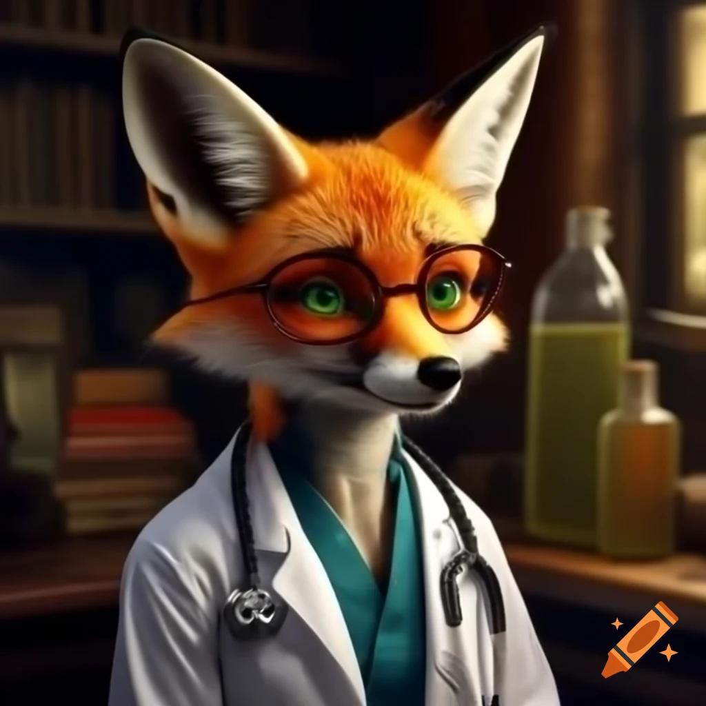 Humanoid fox doctor Dr. Whiskers with reddish-orange fur and white medical coat