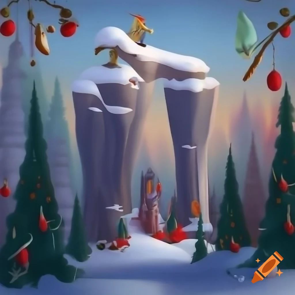 Wide angle panorama of a Christmas forest blending Salish and Russian fairytale motifs with evergreens
