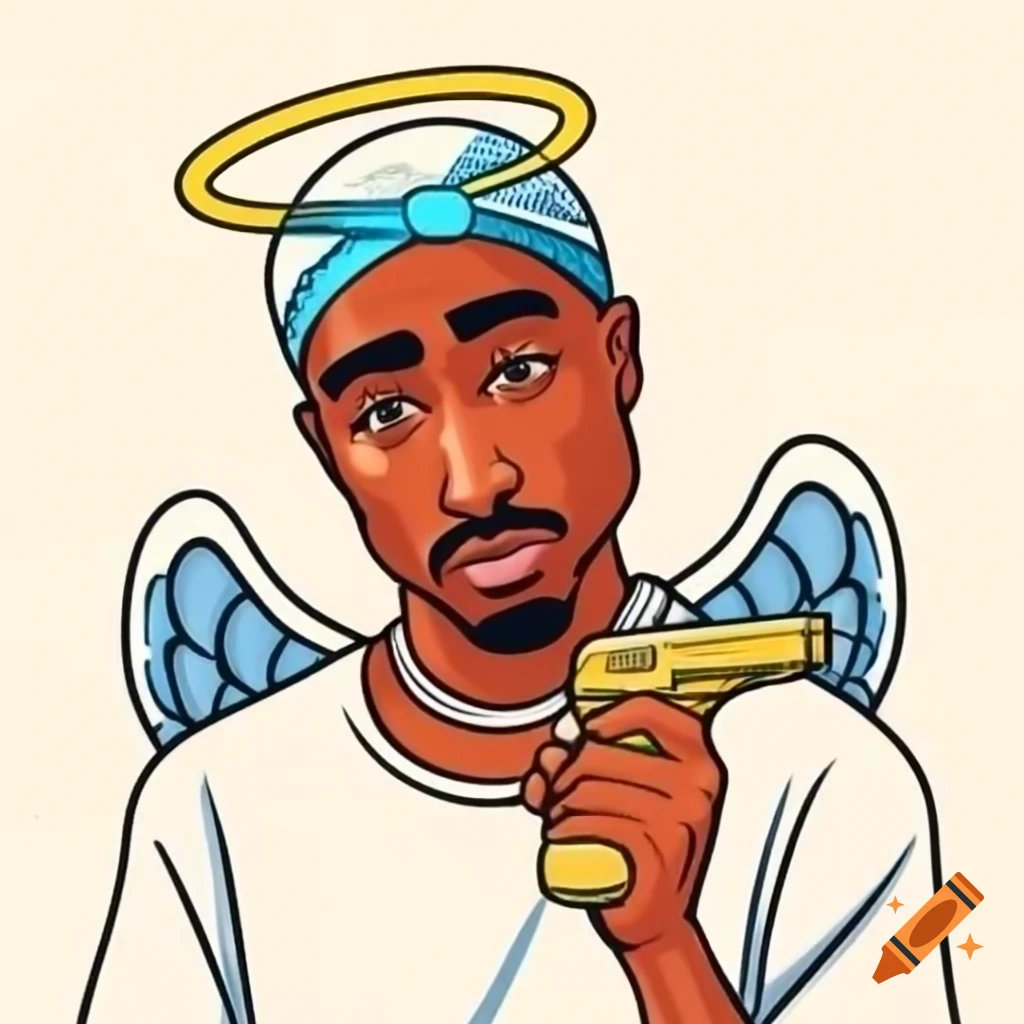 Tupac Shakur depicted as an angel holding a glock