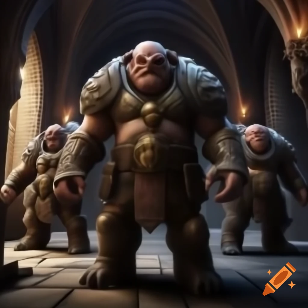 Four large ogres in battle gear wielding clubs in spacious castle room with stone walls