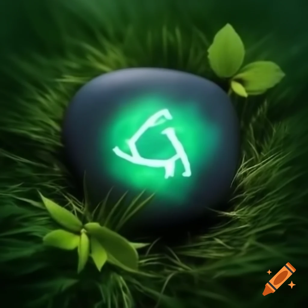 Runic symbol stone in green mystic nature atmosphere