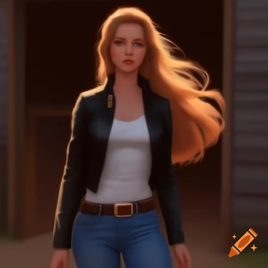 Hyperrealistic portrait of a woman in casual outfit looking through barn door