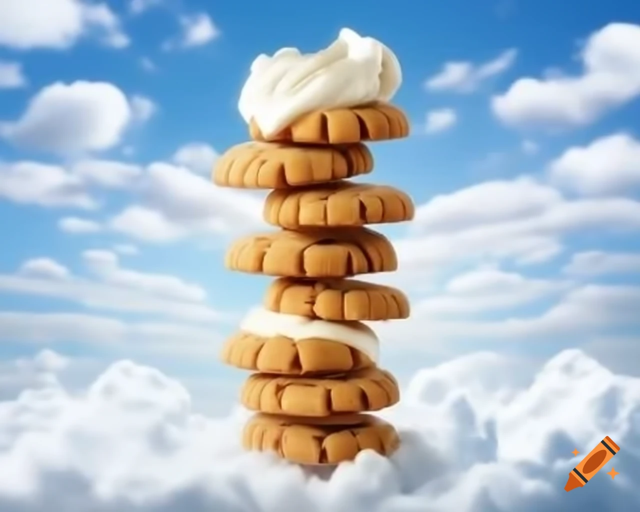 Cookies stacked high in the sky with whipped cream clouds