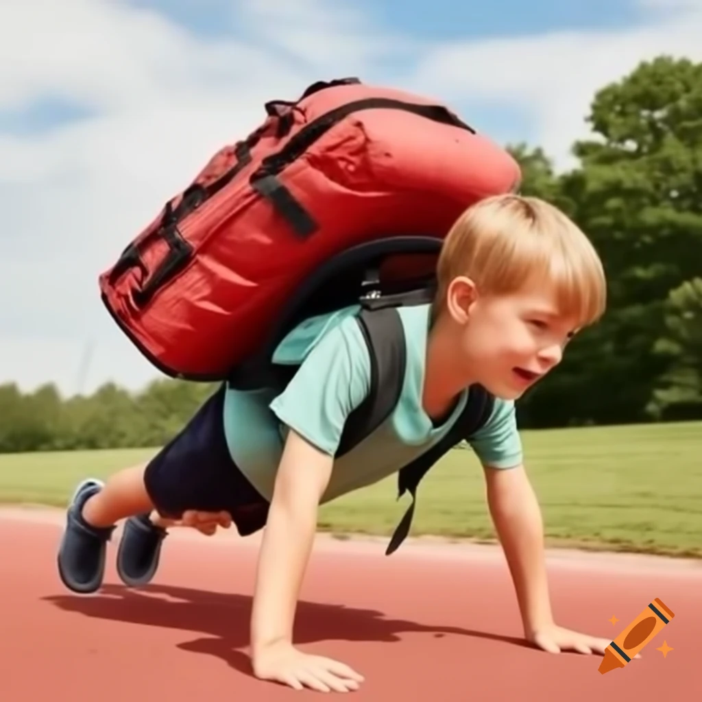 Boy doing push ups with heavy backpack for strength training on craiyon
