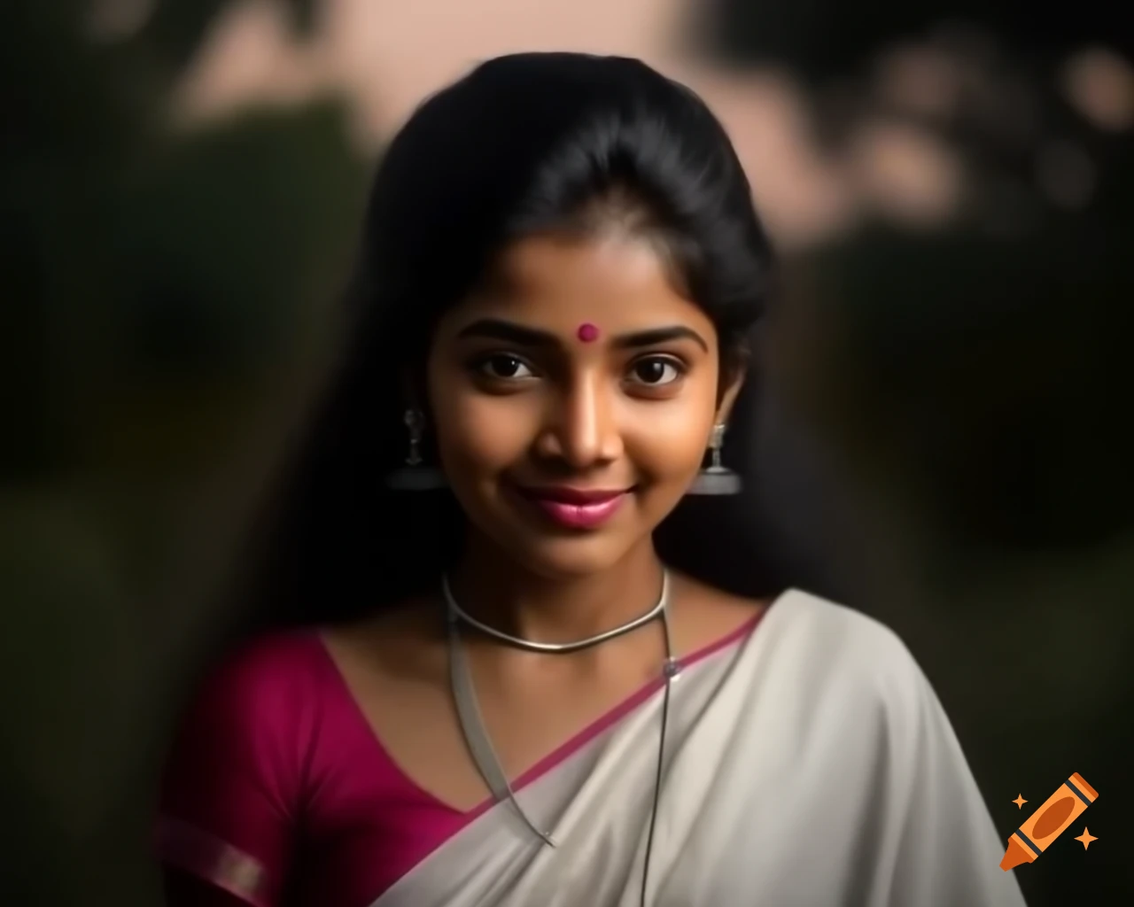 Realistic portrait of Tamil girl in white silk saree standing in nature at dusk