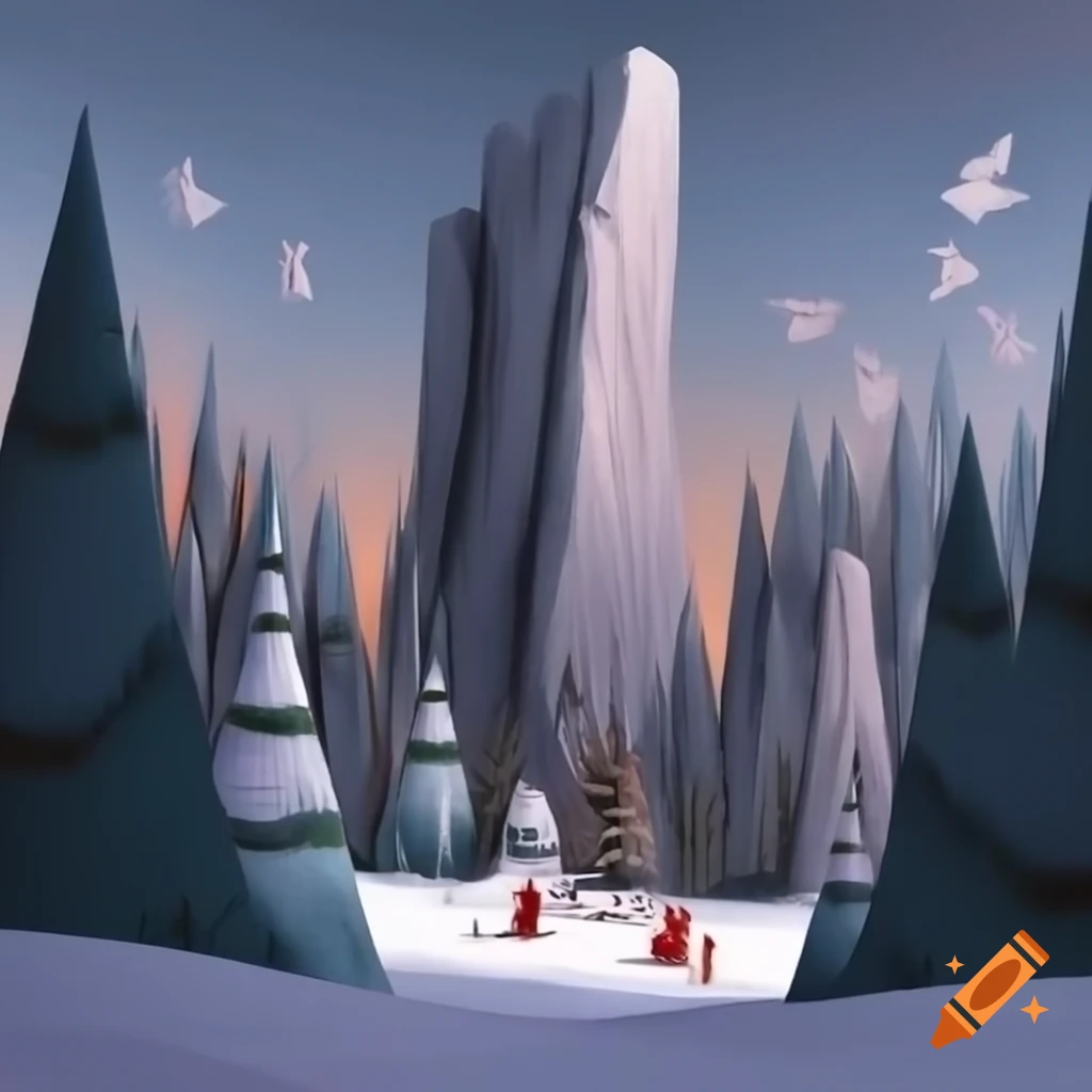 Panorama illustration of Christmas forest scene with Salish and Russian fairytale motifs