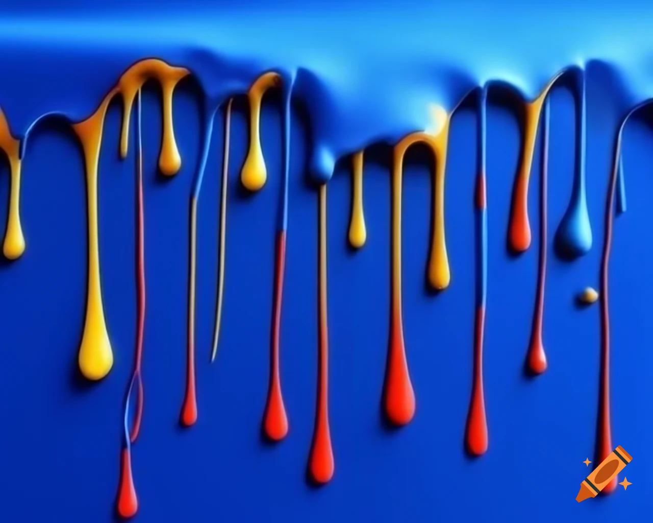 Colorful paint drips on blue silk fabric in pop art style