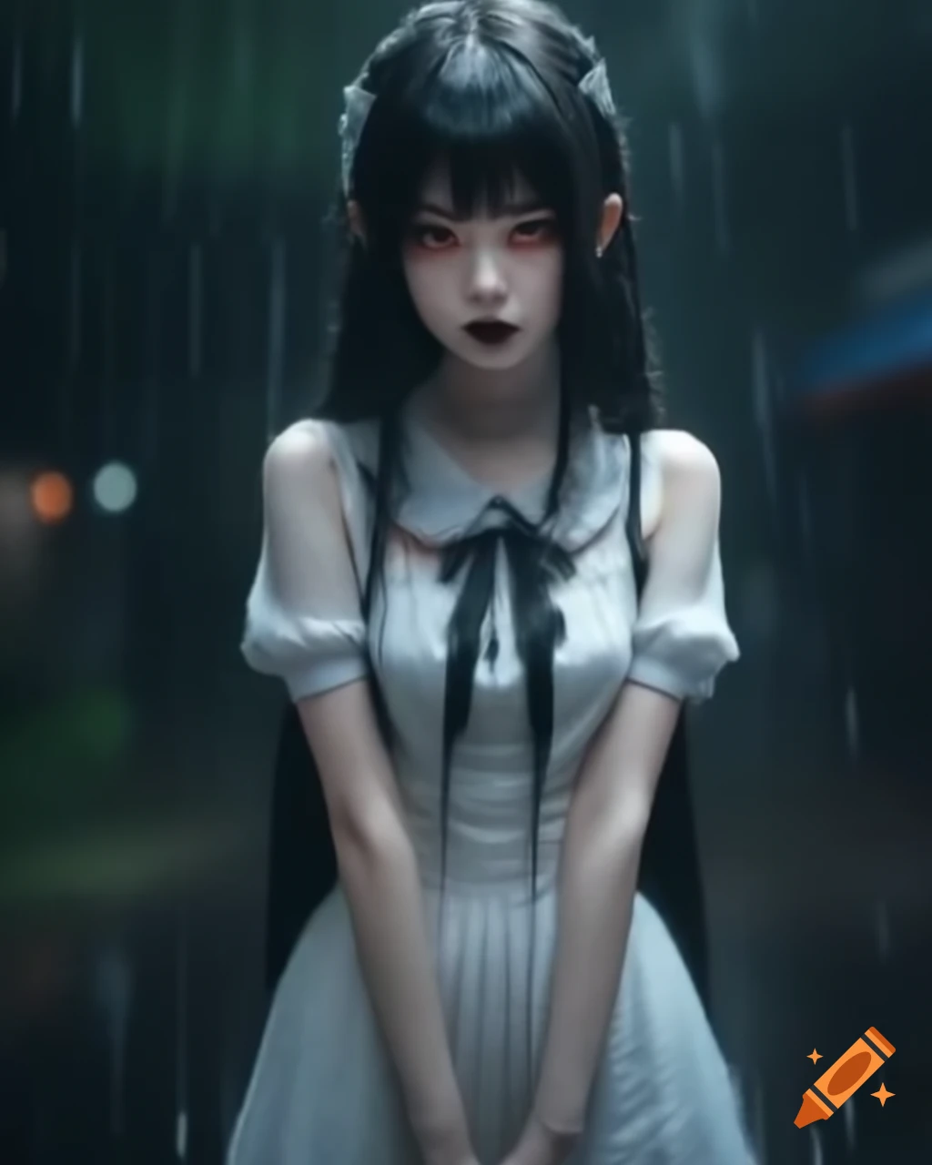 Goth anime woman in white dress standing in the rain, realistic style