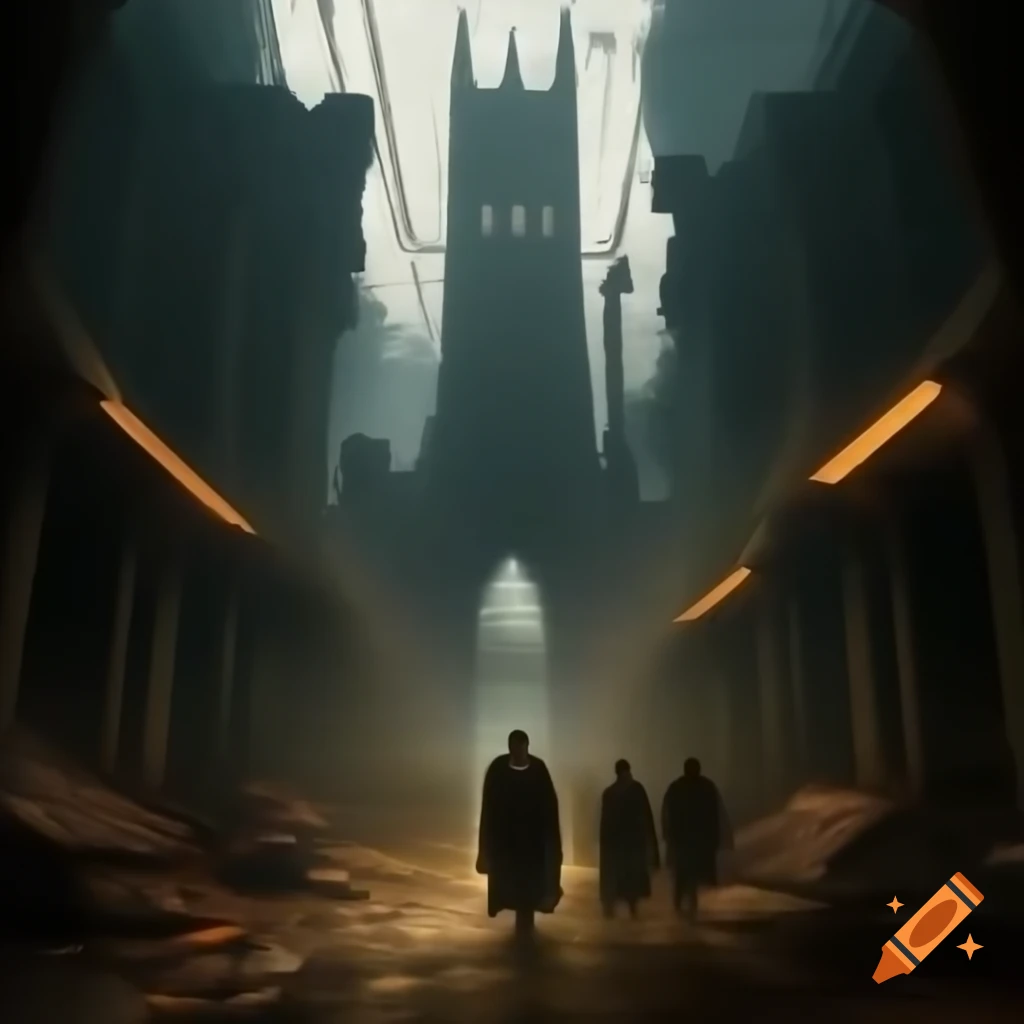 Dystopian cityscape with towering gothic structures and decaying architecture