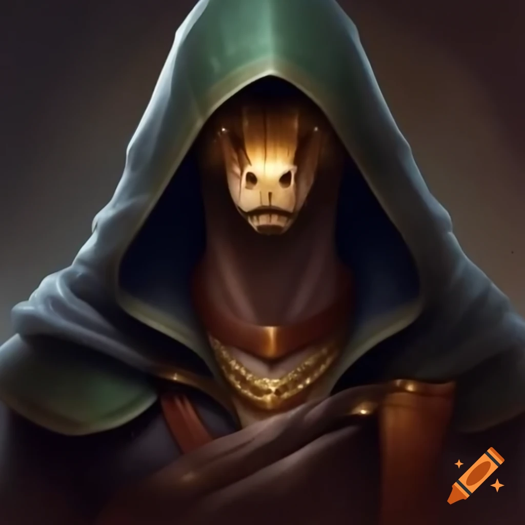 Anthropomorphic snake man in hooded cloak and gold jewelry for Dungeons and Dragons