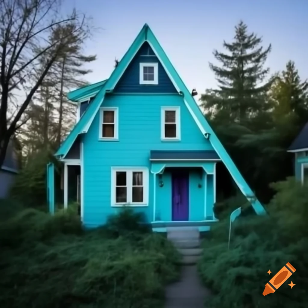 House surrounded by bushes in vibrant cyan and turquoise morning light