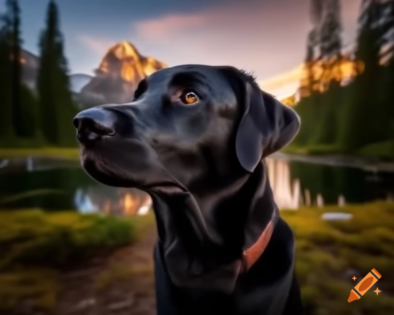 Close-up of black Labrador Retriever in forest with trees
