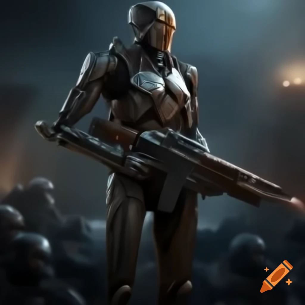 Cyborg warrior in armor with laser rifle on futuristic battlefield