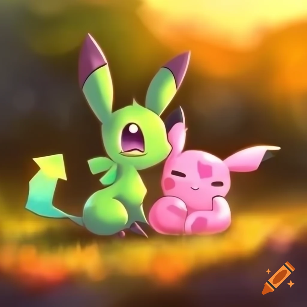 Green Jolteon and pink Espeon in Ghibli style with warm sunset background