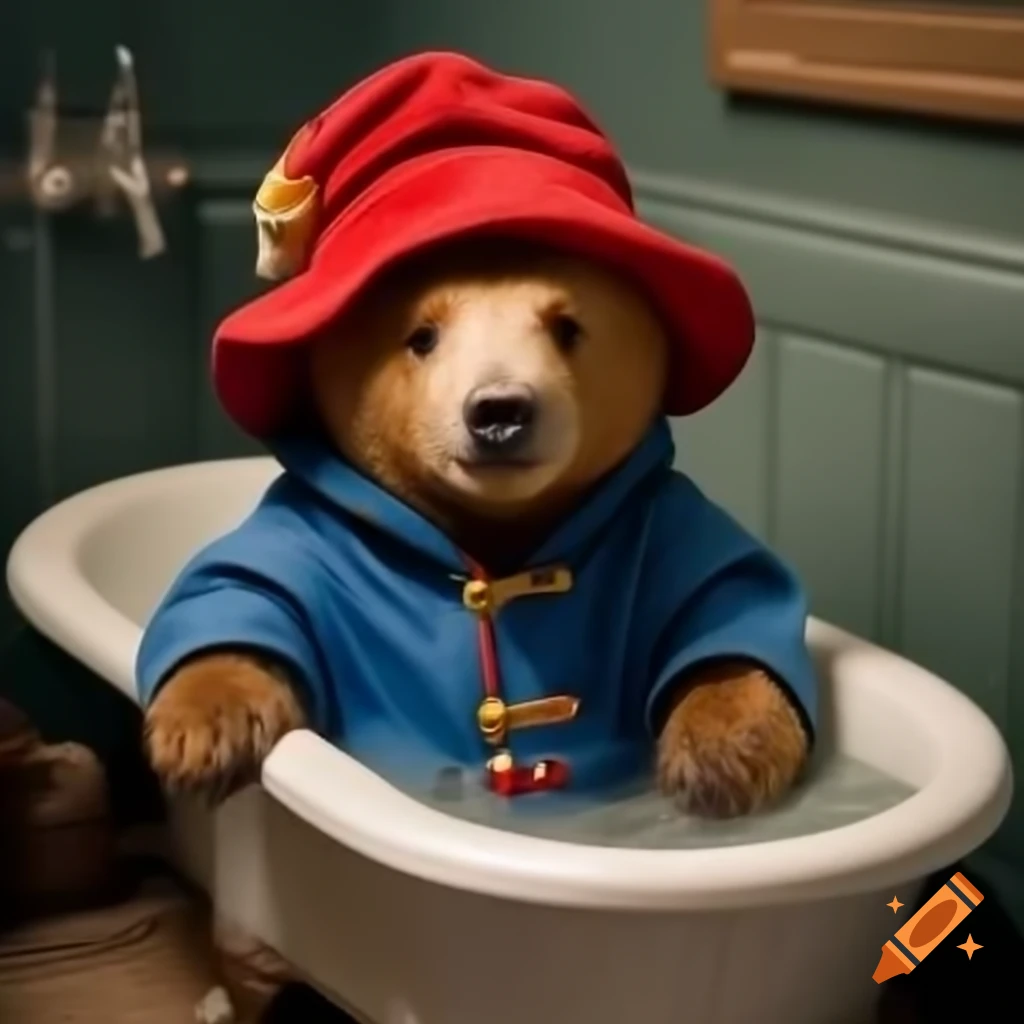 Paddington Bear enjoying a relaxing time in a bathtub