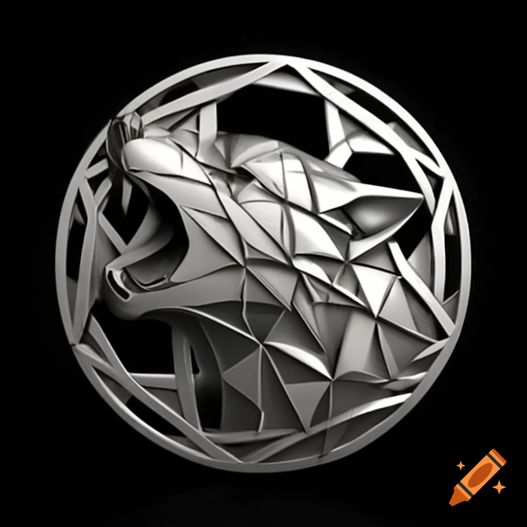 Silver geometric wolf howling medallion