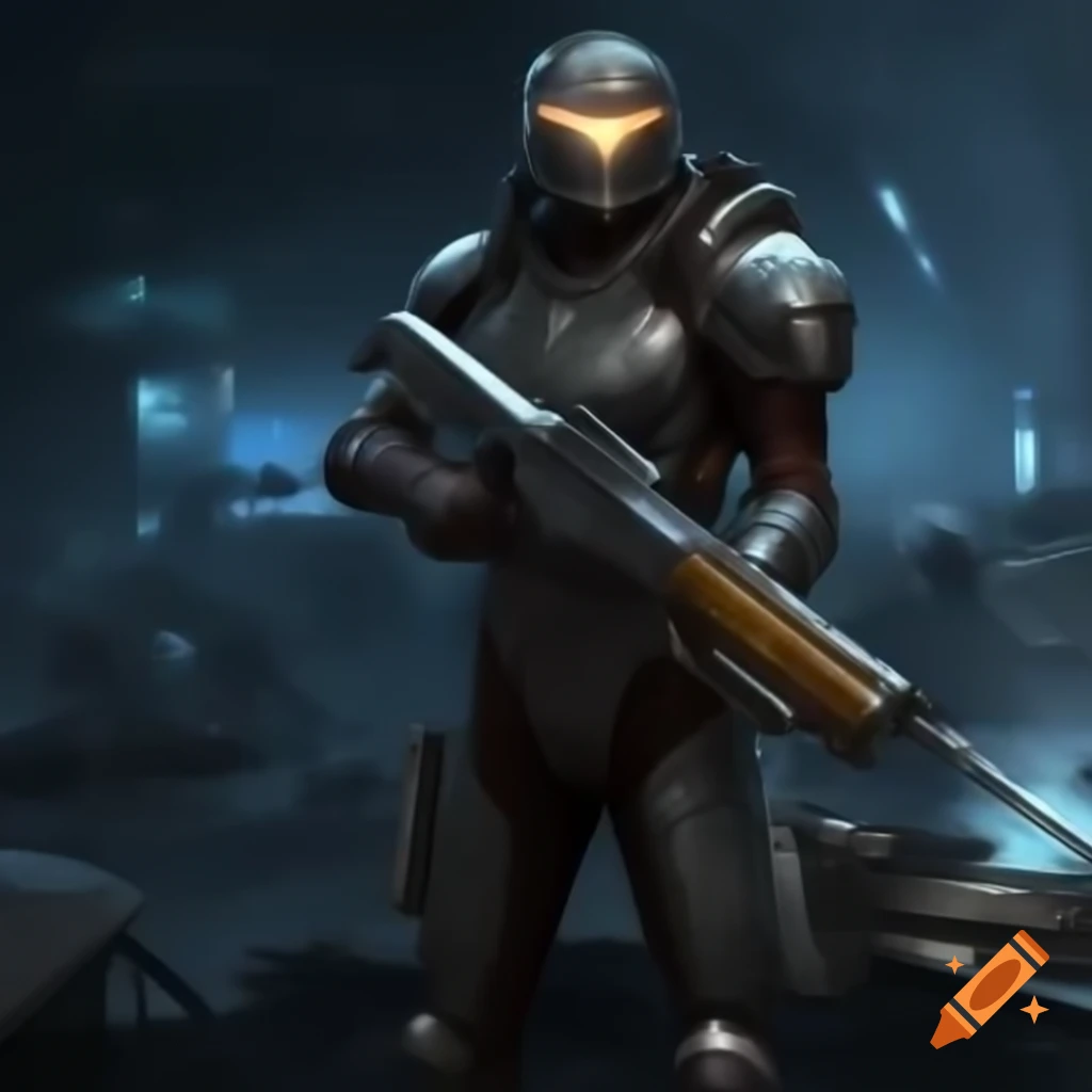 Slender warrior in armor with laser rifle on futuristic battlefield