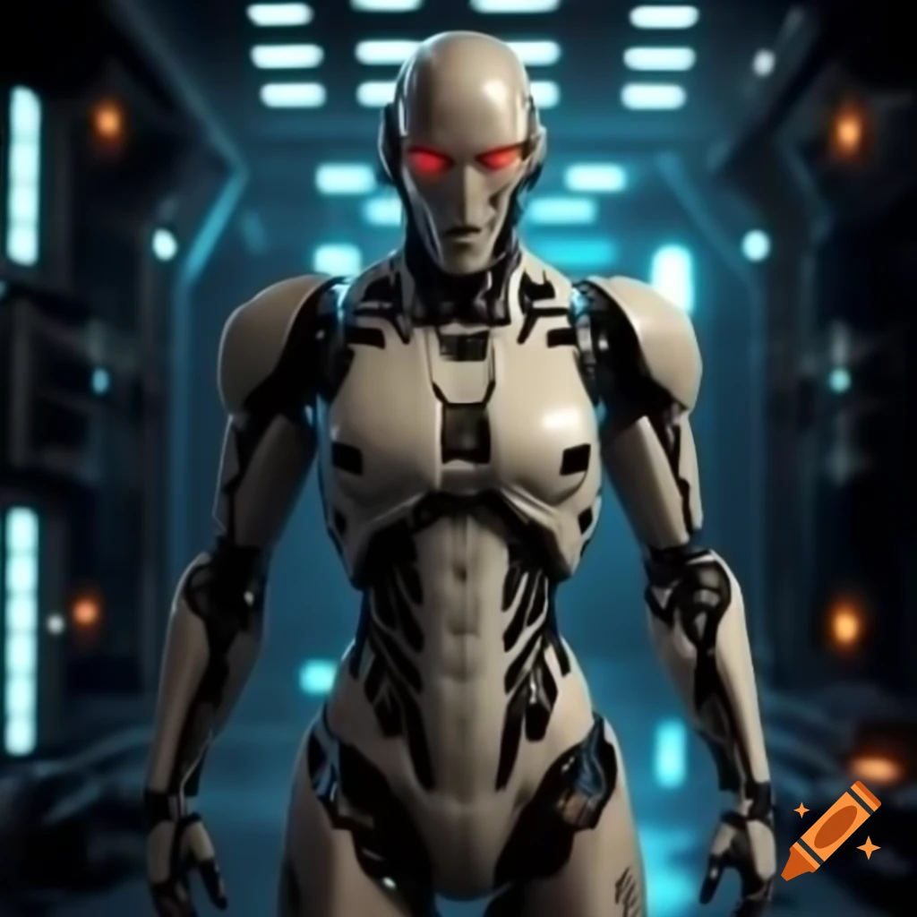 Slender cyborg warrior in high-tech battlefield setting