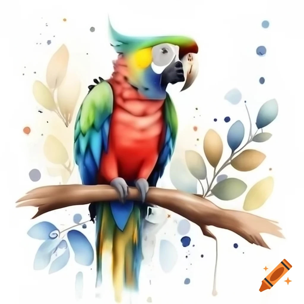Cartoon-style king parrot in watercolor blue, red, and green on tree branch