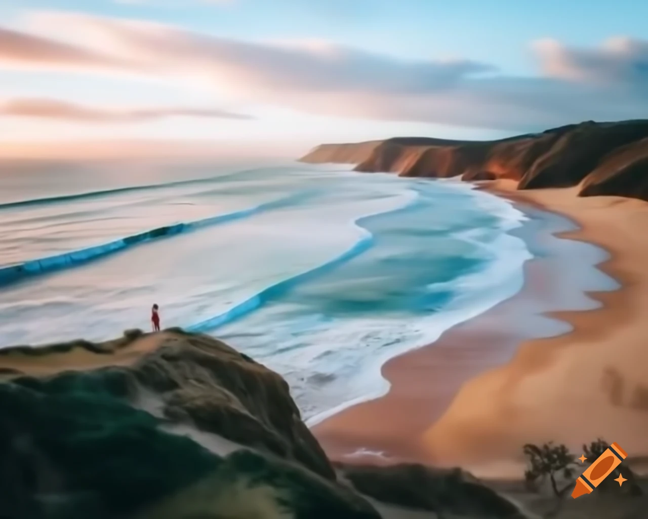 Woman walking along beach with ocean waves and fishing boats at sundown