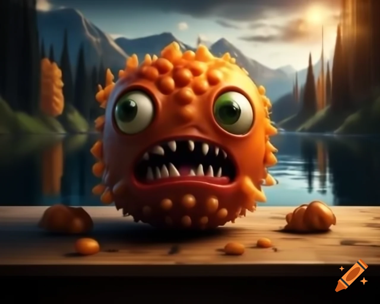 Hyper-realistic 3D orange fruit monster with human features on wooden table