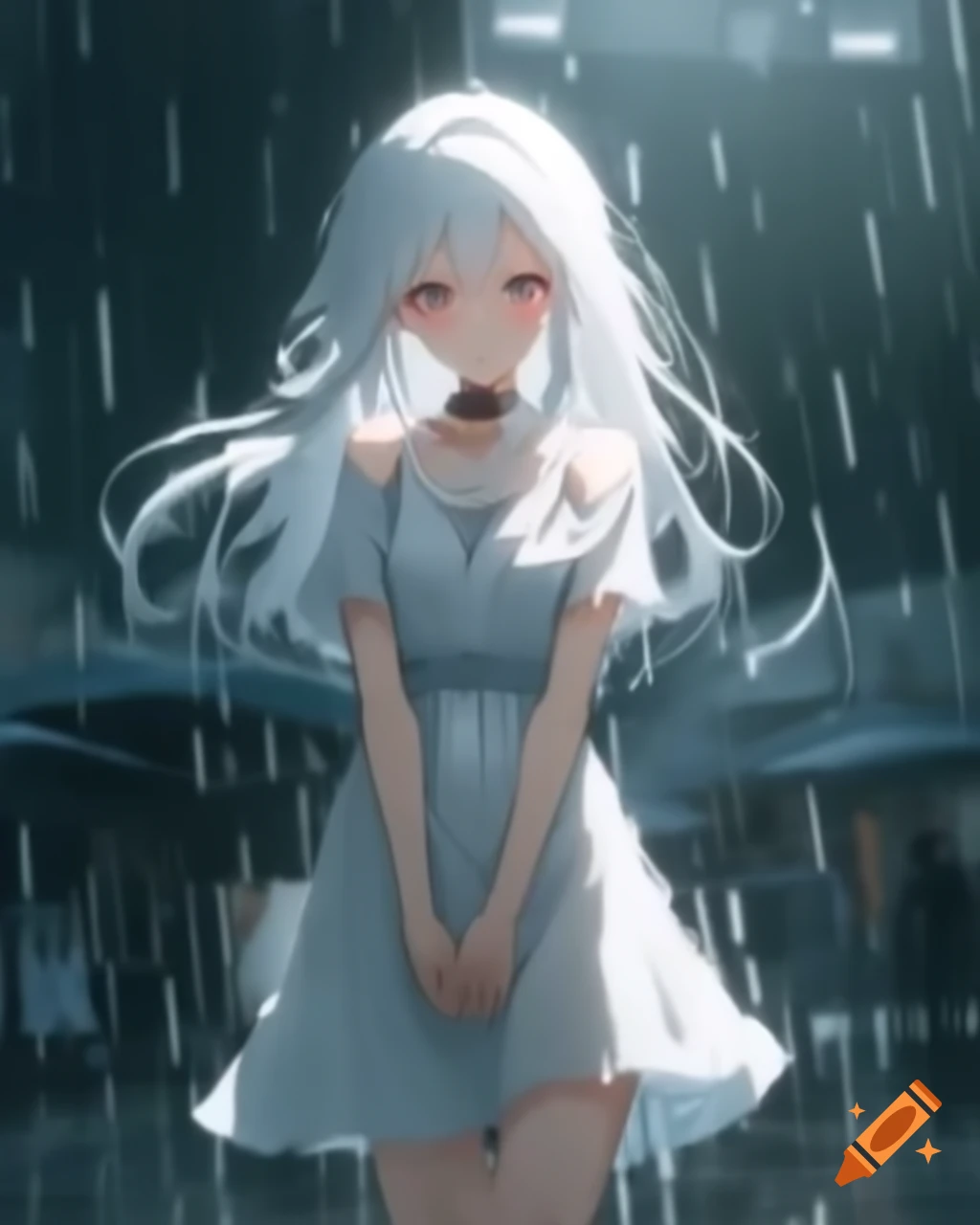 Anime woman with white hair and dress in the rain, realistic style