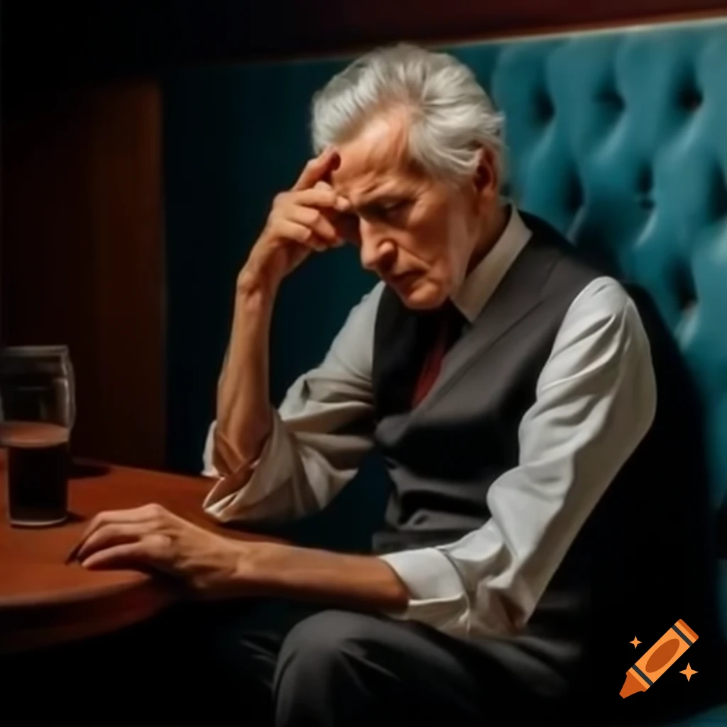 Disheveled elderly man in black vest and dark suit jacket with worn jeans