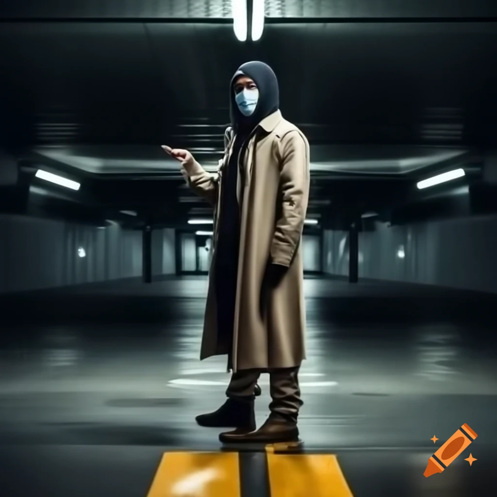 Profile view of masked figure in trench coat pointing in parking garage