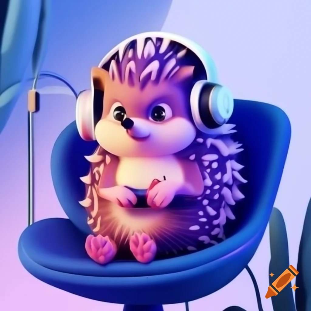 Hedgehog with headphones sitting in modern chair