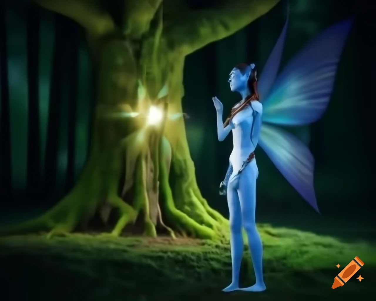 Photorealistic 3D render of a fairy beside a tree in a forest