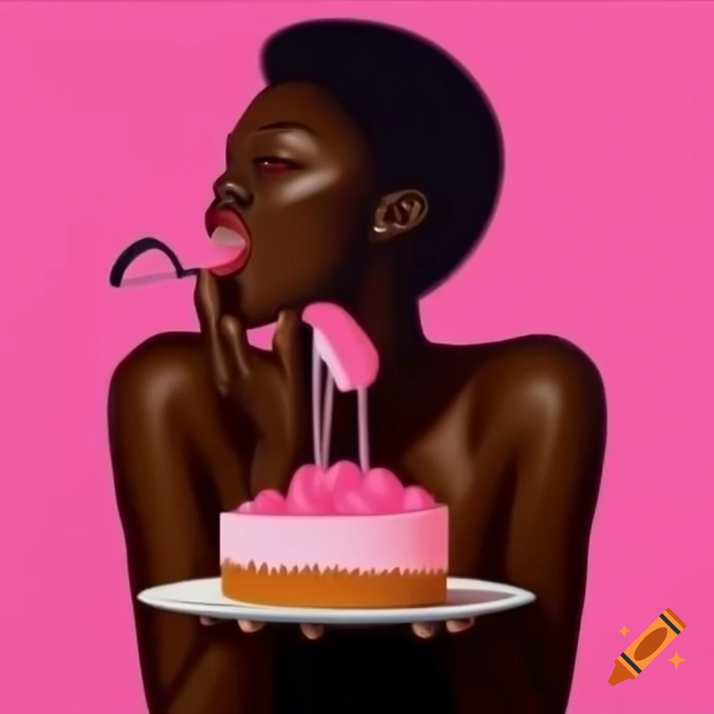 Oil painting of a model enjoying pink cheesecake against pink background