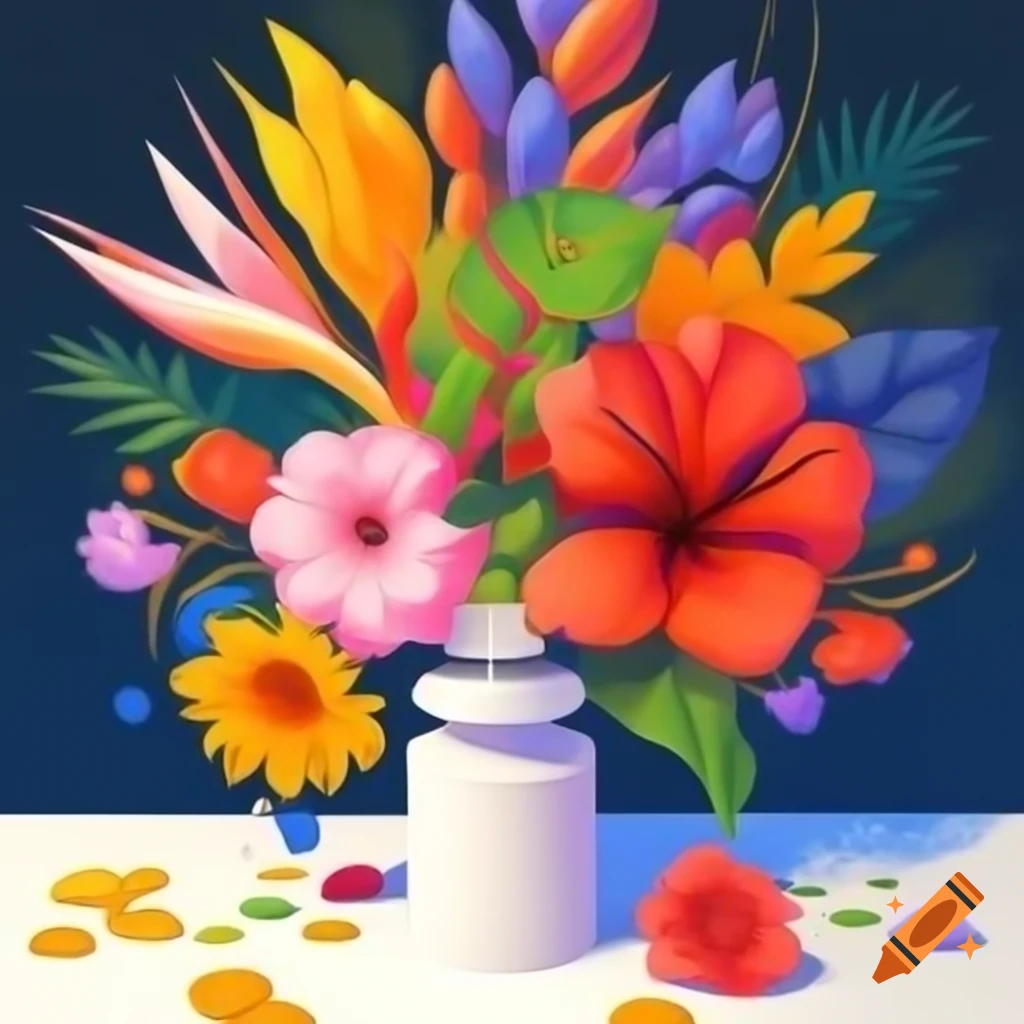 Impressionist digital painting of colorful tropical flowers around soap dispenser